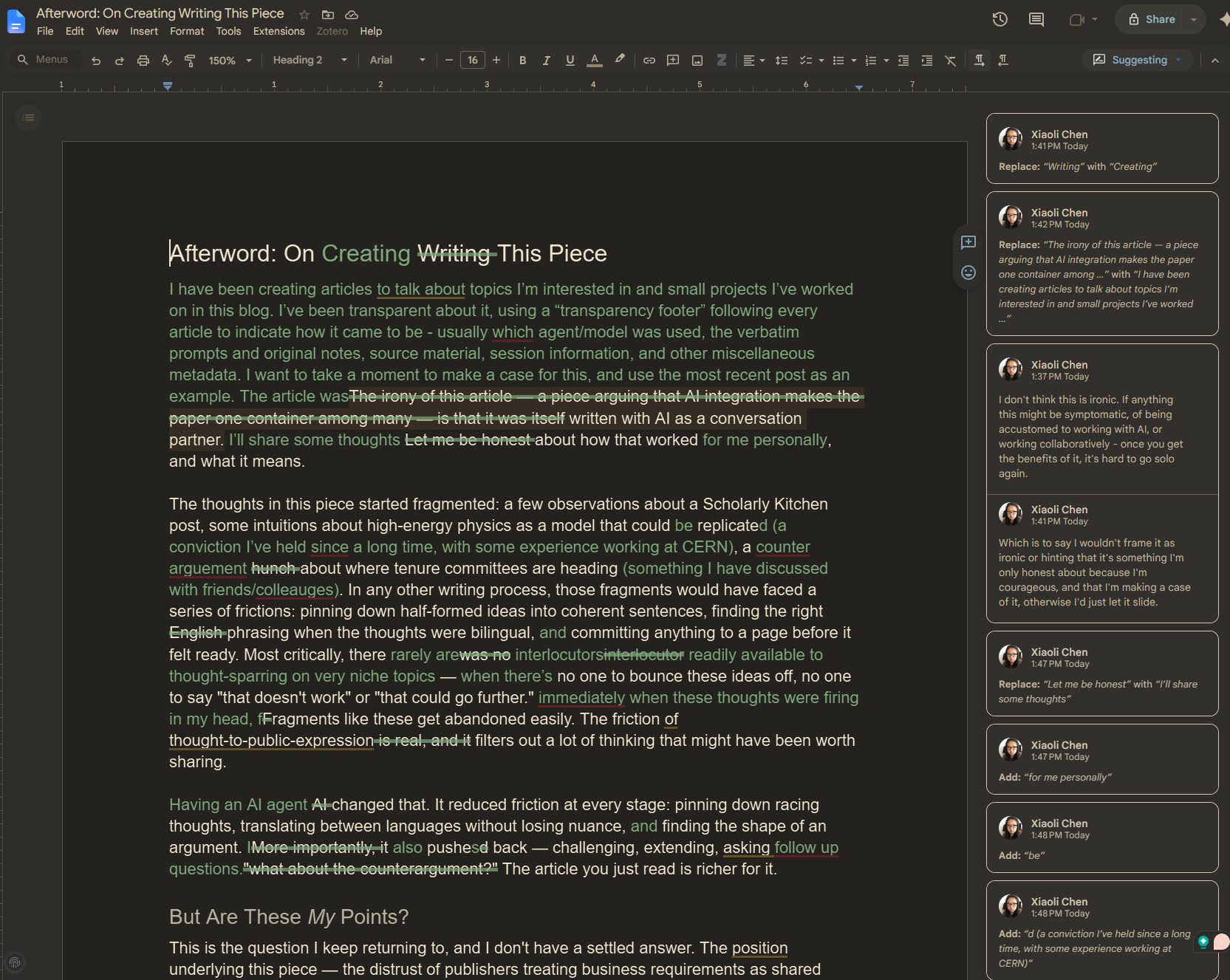 Screenshot showing the collaborative editing process between Xiaoli and K-2
